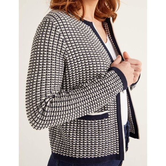 Boden Sweaters - Boden Womens Navy/White Cotton Cranbrook Cardigan Welt Pockets Open Front SZ 8